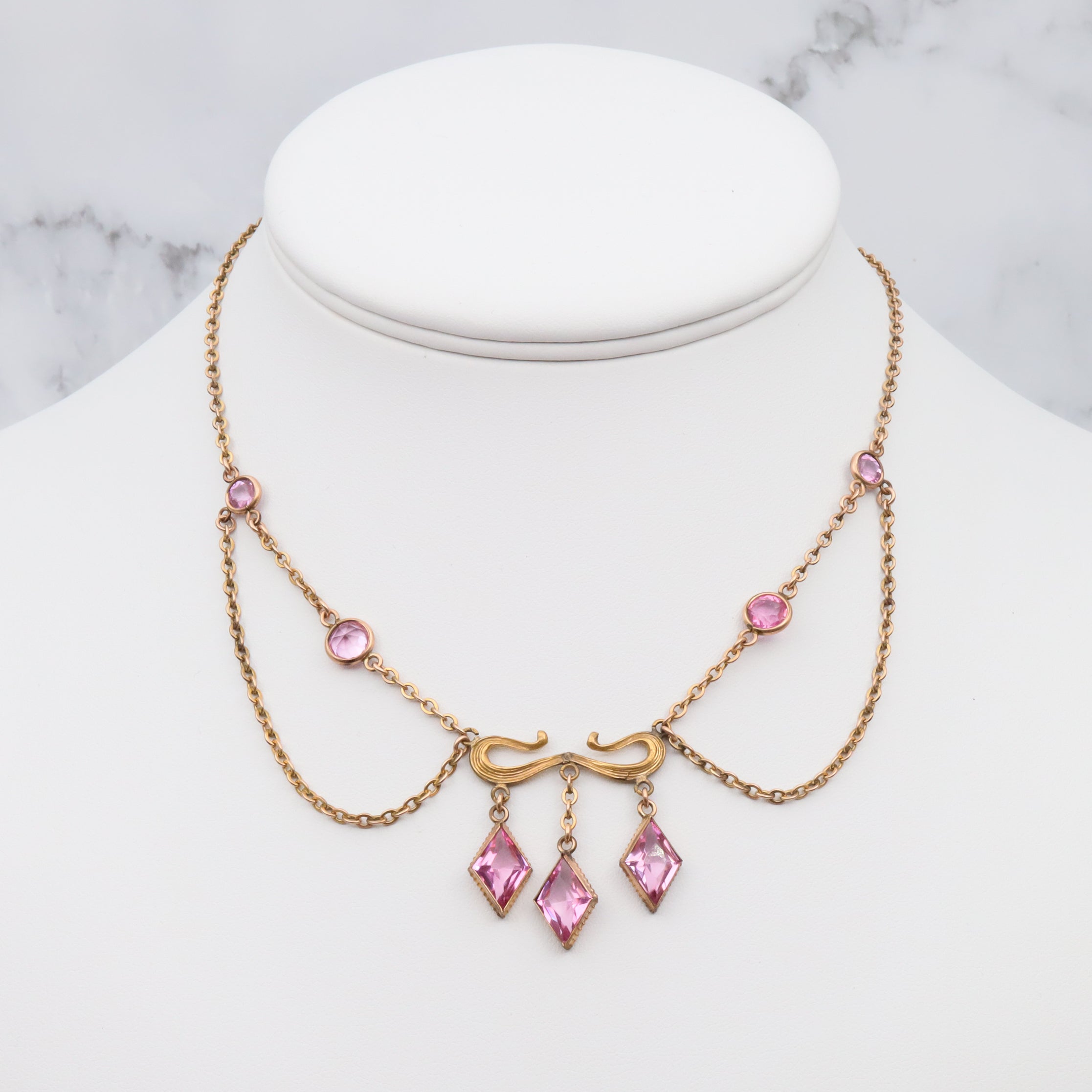 Antique Victorian gold filled pink tourmaline glass festoon necklace, 15.5"